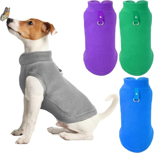 Vista 6 de SATINIOR Suéter de forro polar elástico para perro, chaleco calentador de poliéster, chaqueta sin botones con correa de anillo en D, abrigo con verde