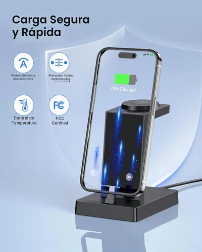 Vista 5 de Estación de carga rápida 3 en 1 de 30 W para dispositivos Apple, soporte de cargador USB C ADADPU para iPhone 17 16 15 Pro Max Plus y AirPods 4
