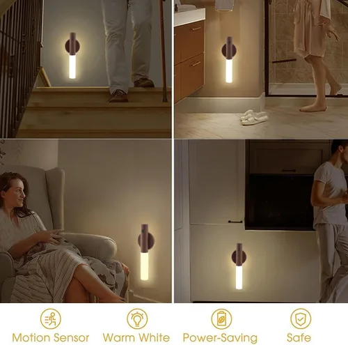Vista 6 de Luces nocturnas con sensor de movimiento de madera LANDGOO Aplique de pared con pilas inalámbrico recargable LED para pasillo de cuerpo magnético