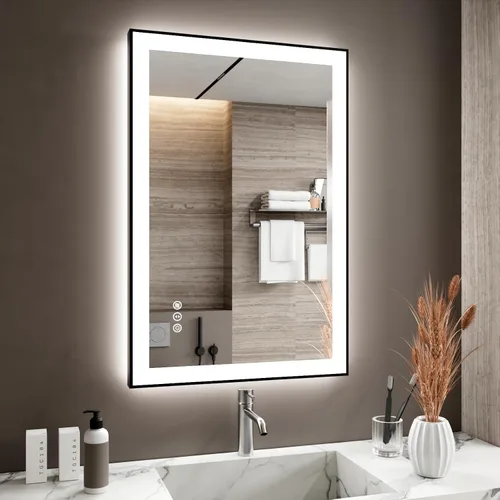 Vista 29 de Espejo de baño LED de 24x28 pulgadas con marco negro, espejos de baño retroiluminados y con luz frontal para pared, antiempañamiento, regulable