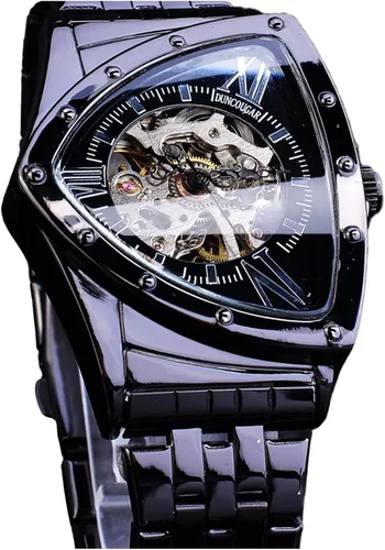 Vista 15 de FORSINING Triangle Skeleton Reloj mecánico automático para hombre, de lujo, dorado, negro, acero inoxidable, impermeable, luminoso, reloj de pulsera