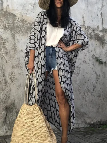 Vista 5 de Chunoy Women Loose Open Front Long Kimono Cardigan Beach Wear Cover Up