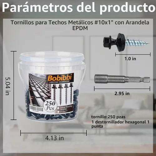 Vista 3 de Tornillos para techos de metal de 10 x 1 pulgada, tornillo para techo de chapa metálica con cabeza hexagonal negra y arandela EPDM para techos Negro