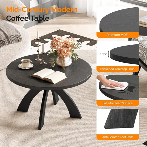 Vista 6 de VINGLI Mesa de centro redonda de 31.5 pulgadas con patas cruzadas, mesa de centro de madera, color negro Mesa de centro moderna de mediados