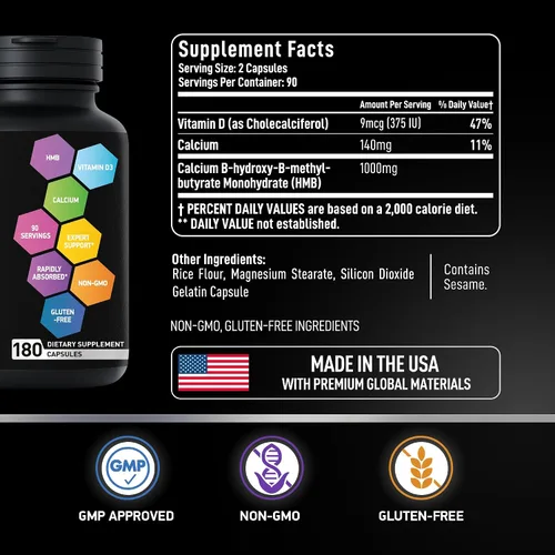 Vista 5 de HMB Suplemento de vitamina D3 – B-hidroxi b metilbutirato – 1000 mg HMB suplementos para hombres y mujeres – Fuerza muscular, apoyo