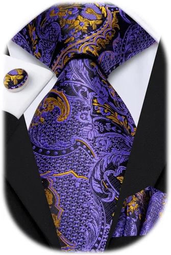 Vista 25 de Hi-Tie Conjunto de corbatas de seda con estampado paisley para hombre, pañuelo de bolsillo y gemelos, conjuntos de corbata formal para negocios a