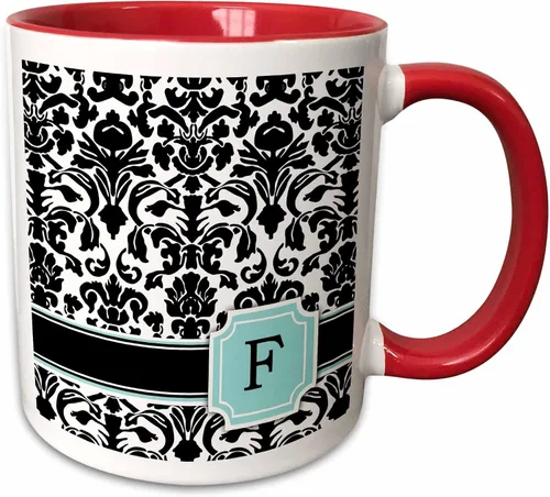 Vista 8 de 3dRose Letter F personal monogrammed mint blue black and white damask pattern - classy personalized initial 11oz Two-Tone Blue Mug