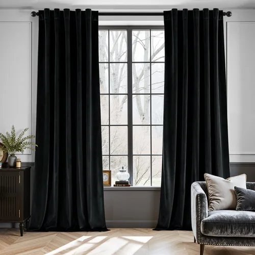 Vista 2 de EMEMA Cortinas de terciopelo negro, 2 paneles de 40 x 63 pulgadas de largo, bolsillo trasero para barra