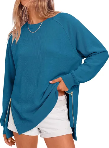 Vista 25 de ANRABESS - Sudadera de gran tamaño para mujer, cuello redondo, manga larga, tipo túnica, con cremallera lateral, sudadera con capucha, suéter