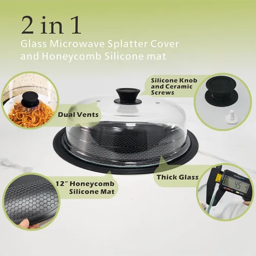 Vista 4 de Microwave Splatter Cover Glass Microwave Cover for Food with Easy Grip Silicone Knob and Ceramic Screws, Dual Vents and Honeycomb Silicone Pad, 10