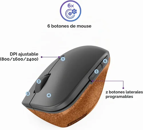 Vista 2 de Lenovo Go - Ratón vertical inalámbrico para computadora - Ecológico, agarre ergonómico de 45 grados, para diestros, botones programables – Receptor