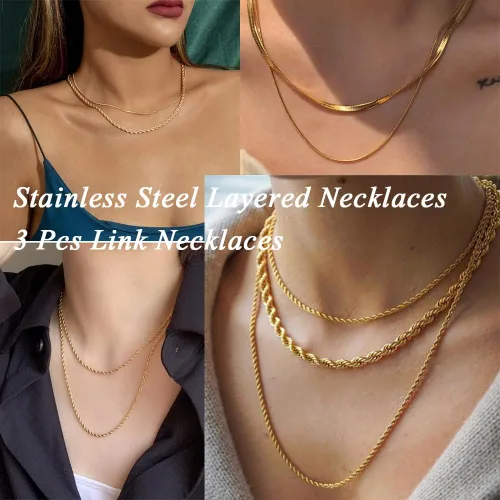 Vista 6 de 3Pcs Womens Layered Necklaces Stainless Steel Link Necklaces Set 14K Gold Plated Snake Curb Link Figaro Chain Choker for Women Girls