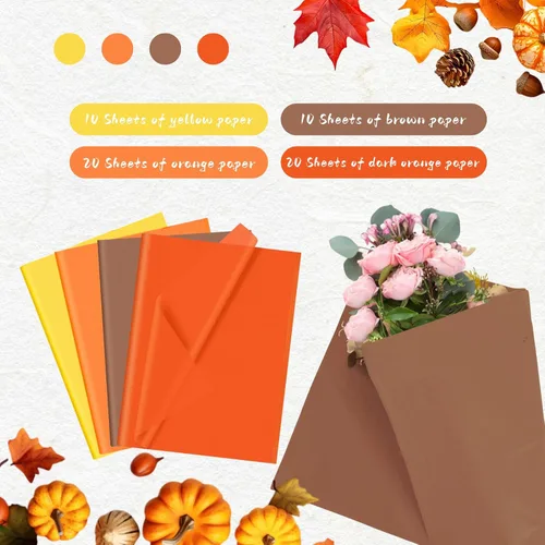 Vista 6 de Papel de seda naranja, 60 hojas de papel de seda amarillo para bolsas de regalo, manualidades de otoño de Halloween, bricolaje, papel de seda
