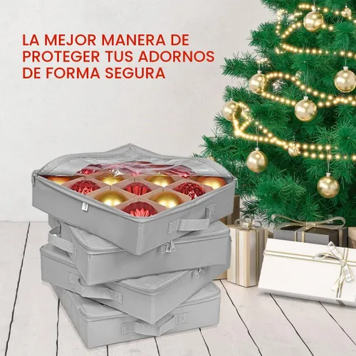 Vista 6 de ProPik 4 cajas de almacenamiento de adornos navideños con divisores, cierre de cremallera superior transparente, 4 bandejas individuales para Gris