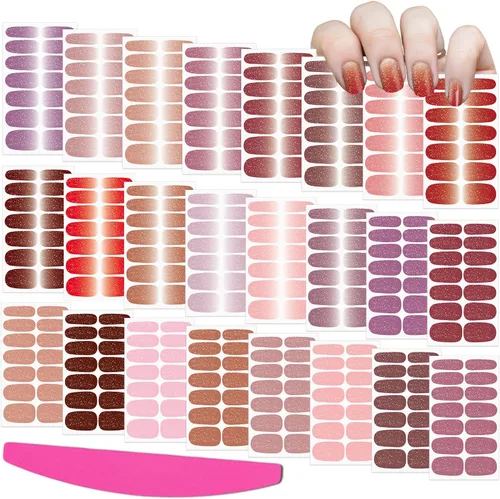 Vista 11 de 24 hojas de envolturas de uñas de color sólido para mujeres, tiras de esmalte de uñas autoadhesivas, tiras de uñas de gel para arte de uñas