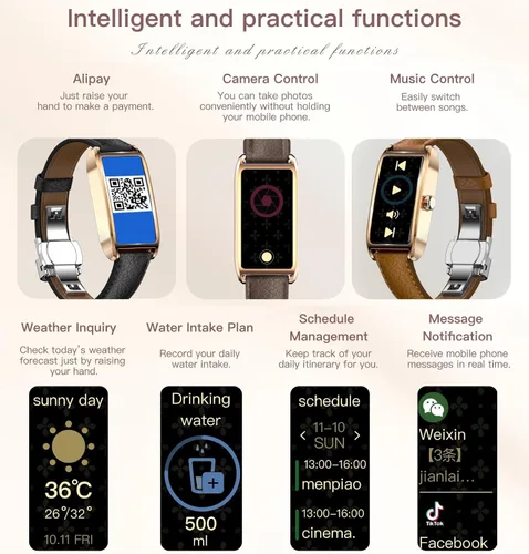 Vista 8 de Rastreador de actividad física para mujer, reloj de fitness para mujer, correa de cuero, funda de aleación, monitor de frecuencia cardíaca de lujo
