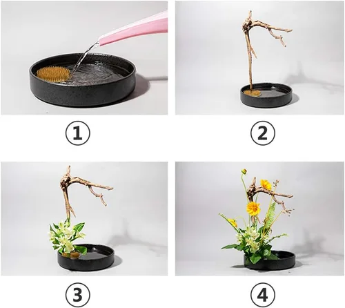 Vista 9 de Juego de 3 ranas de flores japonesas Ikebana Arreglo floral Kenzan, 2.4 pulgadas redonda rana floral moribana + 1.6 pulgadas cuadrado Ikebana
