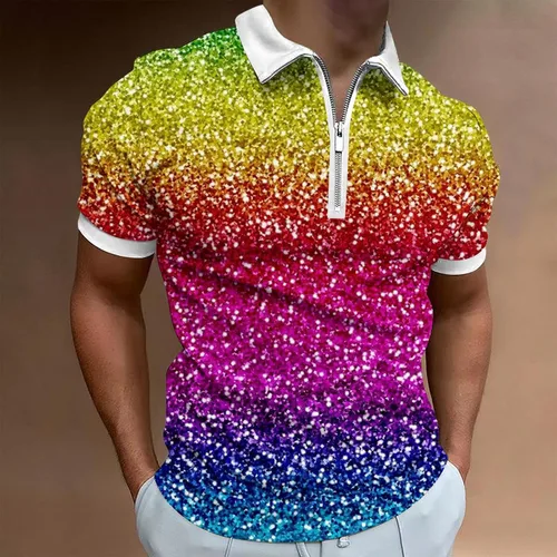 Vista 2 de Rainbow Zipper Blouse Pullover for Men Lapel Short Sleeve Tshirt Shirts Funny Graphic Skinny T-Shirt Tops Vacation
