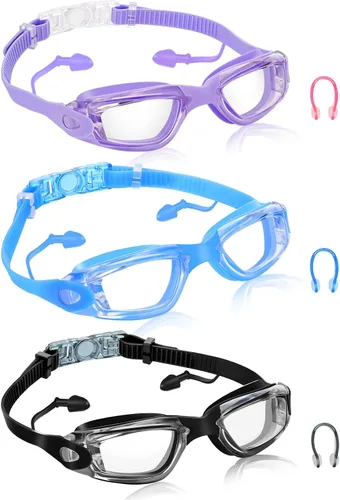 Vista 10 de Flutesan Paquete de 3 gafas de natación sin fugas, de silicona, antivaho con clip para la nariz, tapones para los oídos para adultos y niños, 3