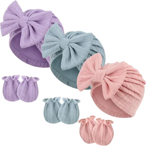 Vista 32 de BQUBO Gorros para Niñas Recién Nacidas Conjunto de Gorro y Manoplas para Bebé Gorros para Infantes con Moño Gorro de Hospital con Manoplas