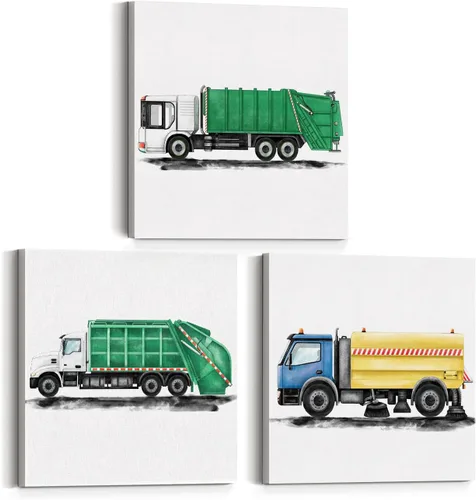 Vista 12 de Juego de 3 lienzos artísticos de tractores y vehículos agrícolas para cuarto de bebé, pinturas enmarcadas, impresiones de acuarela, viejos camiones