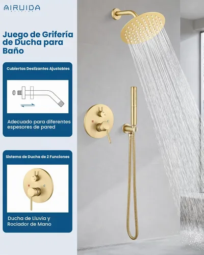 Vista 4 de Airuida Juego de grifo de ducha, sistema de ducha dorado cepillado de 8 Oro cepillado
