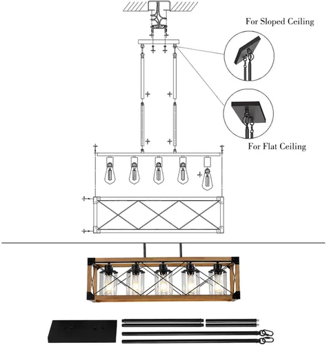 Vista 8 de Lámparas colgantes rústicas de casa de campo, candelabros para comedor y cocina, accesorios de luz de isla de 5 luces, candelabro de madera sobre
