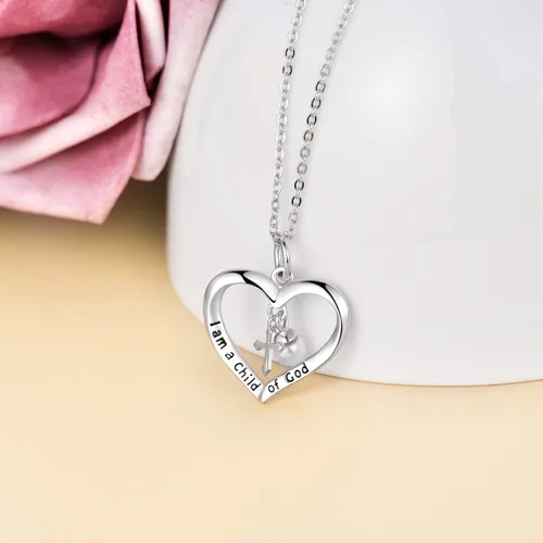 Vista 2 de PEIMKO Regalos de bautismo para niñas, collar con colgante de cruz con texto en inglés "I am a Child of GodGod", plata de ley 925, regalos