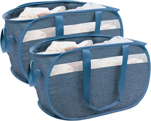 Vista 11 de Cesta plegable para la ropa sucia duradera con 2 compartimentos para clasificar y almacenar, cesta portátil para ropa sucia para dormitorio, cuarto