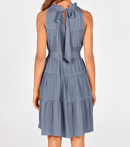 Vista 8 de Okiwam - Vestido de verano para mujer sin mangas y con cuello halter, vestido estilo bohemio vaporoso y plisado, minivestido de cóctel holgado