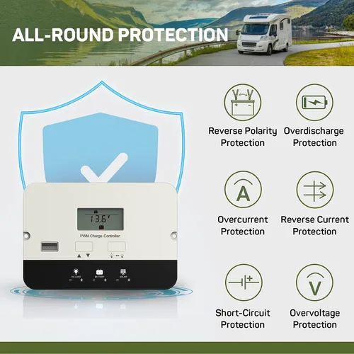 Vista 5 de HQST controlador de carga solar PWM, controlador de batería de panel solar de 20A con montaje empotrado, regulador inteligente automático de 12/24V