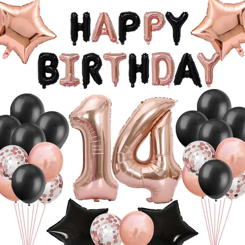 Vista 7 de Decoraciones de cumpleaños número 14: globos de papel de aluminio de estrella con el número 14 de oro rosa, confeti de látex para su fiesta