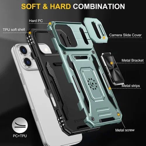 Vista 5 de Funda compatible con iPhone17 Pro con soporte, cubierta de cámara y protector de pantalla HD, doble capa a prueba de golpes, protección contra