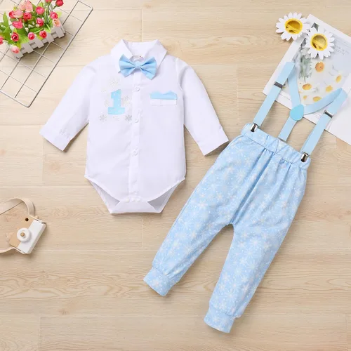 Vista 9 de IBTOM CASTLE Traje de invierno para bebé niño con copos de nieve para primer cumpleaños, mameluco con estampado de pastel y pantalones largos
