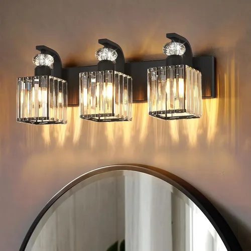 Vista 13 de Lámpara Moderna de Tocador de Baño, Luminarias de Baño de 4 Luces Negro Dorado Sobre Espejo, Aplique de Pared de Cristal de 28.4