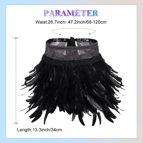 Vista 2 de Nicute Falda de vientre de plumas negras con diamantes de imitación, falda de baile de tul en capas, falda ajustable para mujeres y niñas, Negro