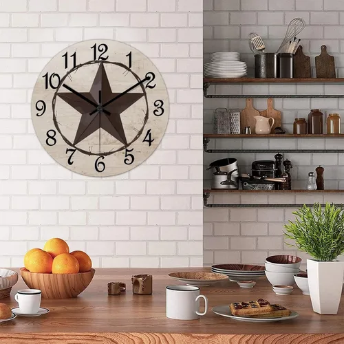 Vista 4 de Reloj de pared con diseño de estrella de Texas occidental, reloj de madera retro sin tictac, silencioso a pilas, fácil de leer, elegante reloj
