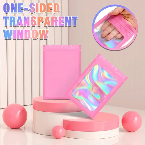 Vista 5 de 100 bolsas holográficas de tereftalato de polietileno, bolsas transparentes resellables, bolsa a prueba de olores, bolsa para pulseras, decoraciones