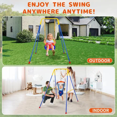 Vista 6 de Toddler Swing Set and Baby Jumper, Foldable Baby Swing Set with Metal Stand for Indoor & Outdoor Use, Baby Bouncer Jumper Durable Swing Set for Aged