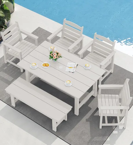 Vista 36 de SERWALL Juego de mesa de comedor de 7 piezas, muebles de comedor de polietileno de alta densidad para exteriores con agujero para paraguas y 6 Negro