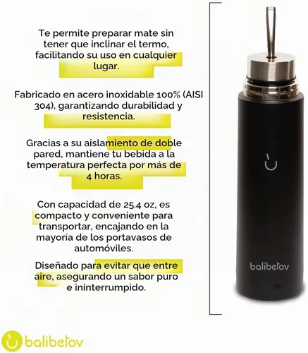 Vista 6 de BALIBETOV Botella de Yerba Mate Autoservable de 25 oz – Auto-Cebante Mate Cup Negro