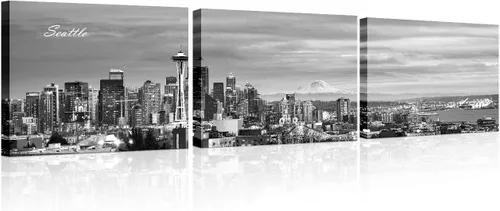 Vista 14 de TUMOVO 3 piezas de arte de pared en lienzo con diseño de horizonte de Atlanta, arte de pared panorámico de paisaje urbano en blanco y negro