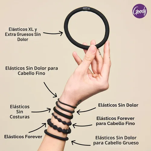 Vista 6 de Goody Ouchless Forever - Bandas elásticas para el cabello, 10 unidades, color negro, bandas sin daños, lazos elásticos 3 veces más fuertes