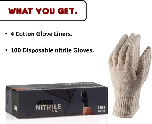 Vista 2 de Nechtik - Juego de 4 guantes de algodón lavables y 100 guantes desechables de nitrilo, sin látex ni polvo para la barbacoa