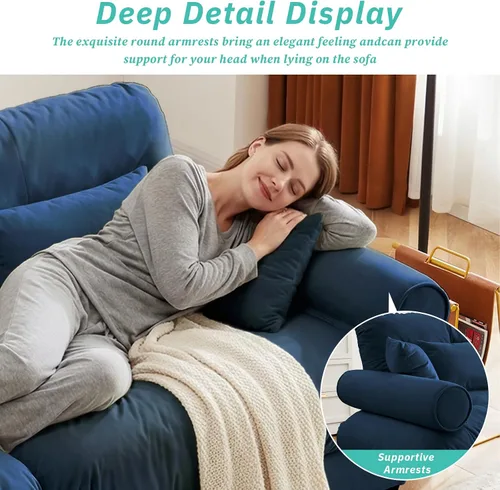 Vista 8 de SoarFlash Moderno sofá reclinable de terciopelo para sala de estar, sofá biplaza para apartamento, sofá de almacenamiento con marco de madera Azul