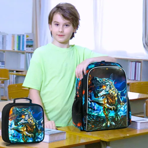 Vista 9 de CCJPX Mochila de 3 piezas para niños, de 16 pulgadas, dinosaurio, preescolar, primaria, guardería, escuela, mochilas y lonchera, Negro Azul