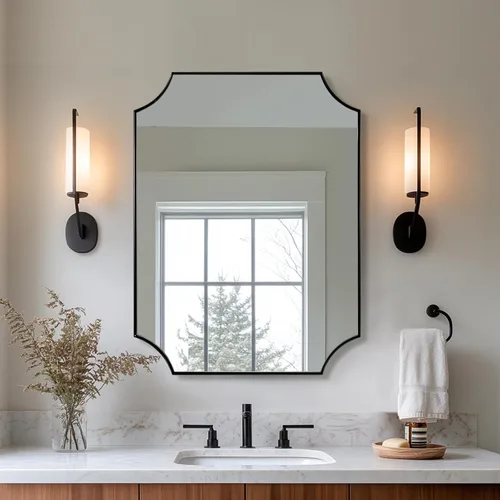 Vista 50 de ANDY STAR Espejo de baño de bronce cepillado, espejo festoneado de 24 x 36 pulgadas para baño, espejo rectangular de bronce antiguo con marco