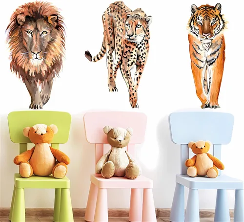 Vista 2 de Calcomanías de pared con diseño de tigre león y leopardo, calcomanías de pared extraíbles de vinilo extraíble para sala de estar, dormitorio