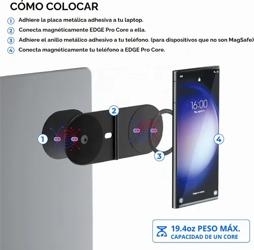 Vista 5 de Rolling Square Edge Pro Core - Soporte magnético para teléfono con base para computadoras y tabletas Placa de metal adhesiva segura o modo