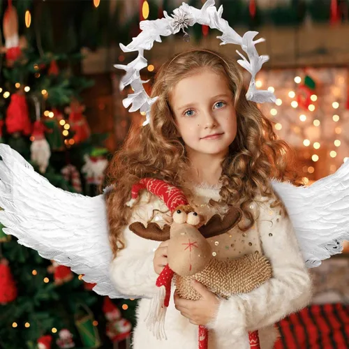 Vista 2 de hypericin Alas de disfraz de ángel, banda para el cabello, disfraz de ala de ángel, traje de fiesta, accesorios de alas de cosplay con plumas